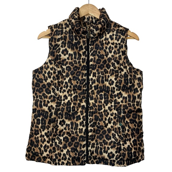 CHARTER CLUB sz Medium Outdoor Puffer Vest Full Zip Leopard Print Tan Black - Picture 1 of 9